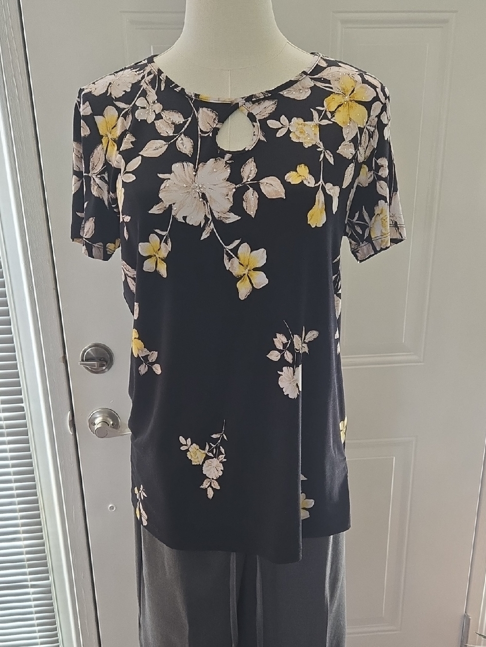Allison Daley Black Short Sleeve Tee with Yellow & Cream Floral Print